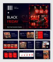 Black Friday presentation template with sale offers, discount tags, shopping trends, pricing plans, and strategy slides.