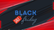 Dark themed Black Friday graphic featuring blue lettering, a red sale tag, and angled red accents on the corners.