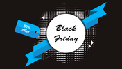 Black Friday banner with bold white circle, blue ribbon and tag showing 80% offer, on a dotted black background.