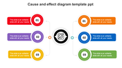 Colorful cause and effect diagram PowerPoint template with numbered steps and a central icon for analysis.