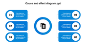 Three blue circular elements with numbers and text areas connected to a central document icon in a cause and effect layout.