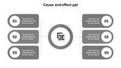 Grey cause and effect template with numbered circular sections, linked by lines to a central icon in the middle.