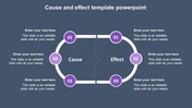 Circular cause and effect slide with six purple numbered circles, three per side, connected in a loop with placeholder text.