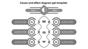 Monochrome cause and effect diagram template with three steps on each side, connected by icons and wavy lines in the center.