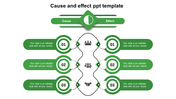 Green cause and effect slide with three rounded steps on each side, connected by icons and a central wavy vertical divider.