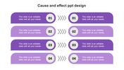 Cause and effect layout in gradient purple with four mirrored step pairs joined by chevron arrows and circular numbers.