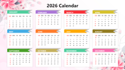 2026 PowerPoint monthly calendar template with colorful ribbon month headers white cards and floral background.
