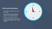 Slide showcasing a clock design with blue highlights and a list of text instructions on a dark background.