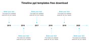 Timeline slide with years in blue markers from 2015 to 2020, connected by horizontal lines with text placeholders.