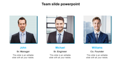Business team slide featuring three professional portrait frame with sample names and positions, each with description areas.