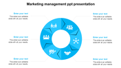 Marketing management infographic with six blue segments, each displaying a white icon arranged in a circle.