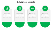 Solution PPT slide with four infographic sections, each featuring green icons and placeholder text on a white backdrop.