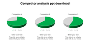 Pie charts comparing competitors A, B, and C with data split between the first and second quarters with placeholder text.