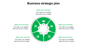 Business strategic plan slide with a central green circle containing five numbered sections, each with an icon.