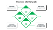 Business pitch PowerPoint template with four green diamond shaped sections, each containing icons with placeholder text.