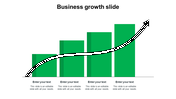 Business growth slide with four ascending green bars and a bold black upward arrow, each bar labeled with placeholder text.
