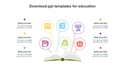 Education themed template with an open book and six colorful icons, each representing a different academic field.