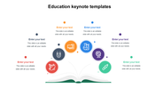 A vibrant education keynote slide featuring an open book design with color coded icons and placeholder text.