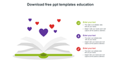 Educational PowerPoint slide with an open book illustration and floating heart icons, accompanied by text boxes for content.