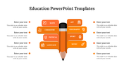 Education themed slide featuring an orange pencil in the center, with subject labels branching out and text on both sides.