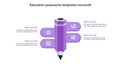 Education themed layout with a vertical purple pencil and three purple labels with icons branching from each side.