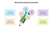 Colorful pencil with four icons in yellow, blue, green, and purple, representing education, surrounded by text boxes.