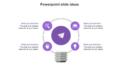 Creative PPT slide with a circular infographic and a lightbulb shaped design, featuring purple icons and text placeholders.