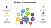 Mind map design slide showing various interconnected concepts, including colorful icons with placeholder text.