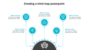 Mind map PowerPoint slide with a central business icon branching out to multiple connected concepts on a blue theme.