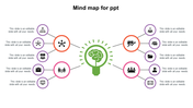 Business mind map PowerPoint slide with a central brain icon connecting to multiple colorful organizational elements.