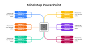 Colorful mind map PowerPoint template with a central lightbulb icon connecting six categories, each with three options.