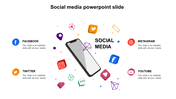 Slide with a phone icon surrounded by colorful social media symbols and four text labels for each platform.