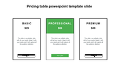 Slide with three rectangular blocks in black and green tones, showcasing three different pricing options.