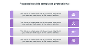Professional slide layout with four sections, each containing a purple icon and corresponding gray text block for input.