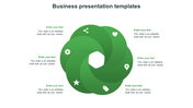 Business green infographic with six overlapping loops, each containing a white icon and surrounded by  text boxes.