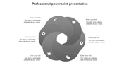 Circular diagram with six gray segments, each containing an icon and space for text, arranged in a spiral layout.