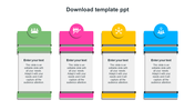 Colorful column layout with four upright panels, each with a circular icon tab and matching caption space.