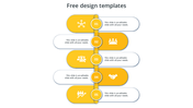 Timeline-style design with five numbered steps, featuring icons in yellow and white oval shapes.