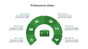 Infographic with six curved green sections featuring white business icons, surrounding a briefcase and paired with caption.
