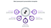 Infographic showing six purple pointers encircling a gear graphic, each with an icon and editable text beside or below.