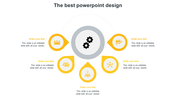 Circular infographic with a central gear icon surrounded by six yellow drop-shaped icons and placeholder text areas.