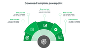 Green semicircular infographic PowerPoint template with five icons and placeholder text on a white backdrop.