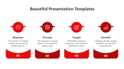 Modern business infographic slide with four red and white sections for Business, Process, Target, and Growth with icons.