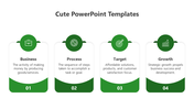 The cute PPT slide features four green and white business cards displaying icons and text descriptions.