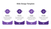 Modern business infographic slide with four purple and white sections for Business, Process, Target, and Growth with icons.