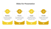 Horizontal infographic showing four rounded rectangular block with yellow icons, captions, and numbered sections from 1 to 4.