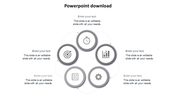 Minimalist PPT template with five grey circular icons for strategy, time management, analytics, planning, and settings.