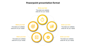 Circular infographic with five yellow bordered icons around a clockwise arrow path and matching placeholder text areas.