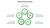 A green-themed infographic with six circular icons at the center representing business metrics, each connected to caption areas.