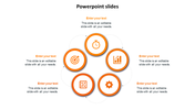 Five circular icons with orange borders and white backgrounds, arranged in a circular flow with dotted arrows.